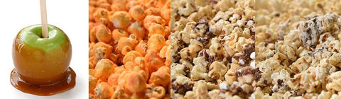 Caramel apple, cheesy popcorn, and chocolate-covered popcorn exemplify nontraditional popcorn toppings