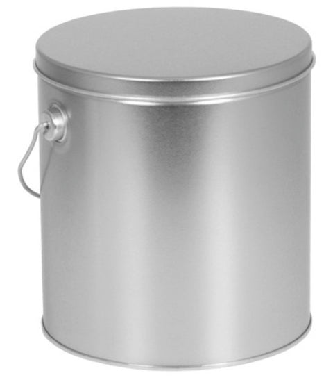 silver colored 1 gallon popcorn tin