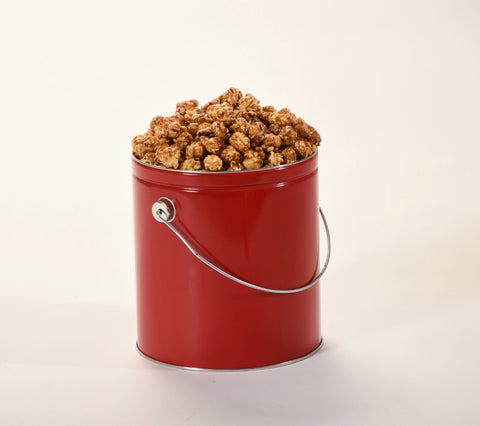 red tin of gourmet caramel popcorn