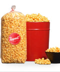 red bucket and extra large bag of spicy gluten free buffalo cheddar popcorn