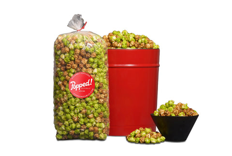 Red tin and an extra large bulk bag of Gourmet sweet Caramel and Apple popcorn from Popped! Republic