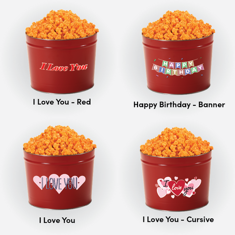i love you, happy birthday gift popcorn tins with orange cheddar popcorn