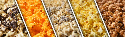 collage of various gourmet popcorn flavors to snack on