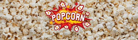 Popcorn name graphic over popped popcorn