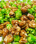 Close-up of green and brown specialty air popped caramel and apple flavored popcorn from Popped! Republic