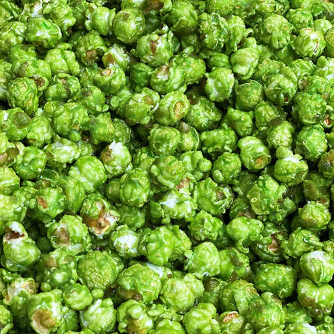 Close-up of specialty air popped green apple flavored popcorn from Popped! Republic