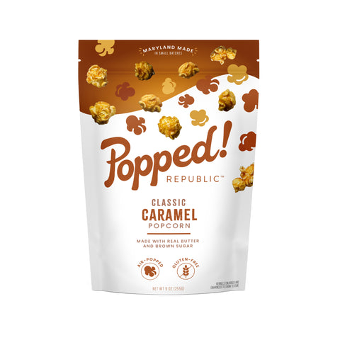 Medium bag of small batch, air-popped Caramel Popcorn from Popped! Republic on white background