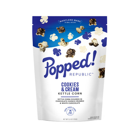 Resealable Medium bag of small batch, cookies and cream kettle corn from Popped! Republic