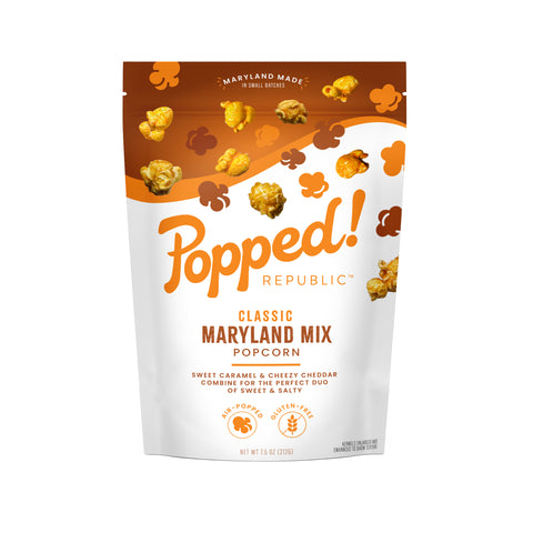 Medium bag of small batch, air-popped Caramel and Cheese Popcorn from Popped! Republic