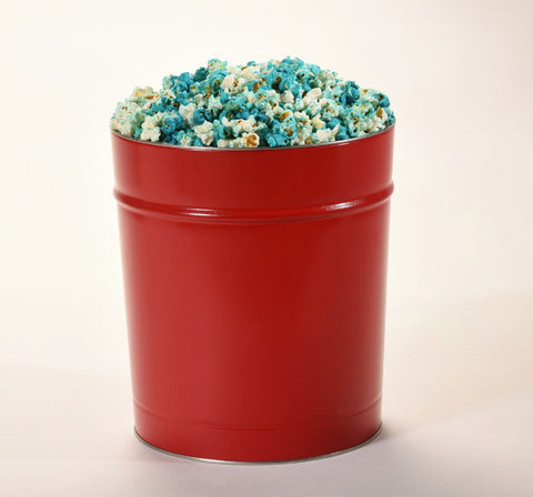 3.5 gallon tin of blue popcorn from Popped! Republic
