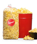 Red tin and an extra large bulk bag of Movie Theater Butter seasoned specialty popcorn