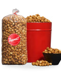 Red bucket and an extra large bulk bag of Classic Caramel popcorn from Popped! Republic