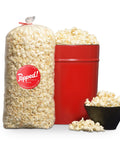 Red bucket and an extra large bulk bag of Gourmet Gluten free Dill Pickle Popcorn from Popped! Republic