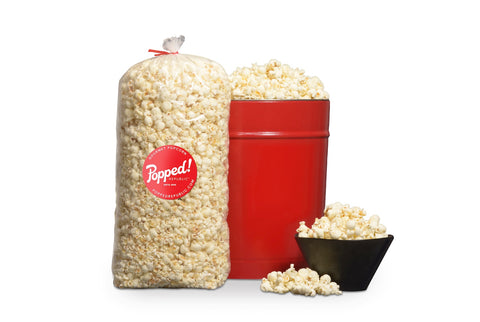 Red bucket and an extra large bulk bag of Gourmet Gluten free Garlic Parmesan Popcorn from Popped! Republic