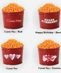 i love you, happy birthday gift popcorn tins with orange cheddar popcorn