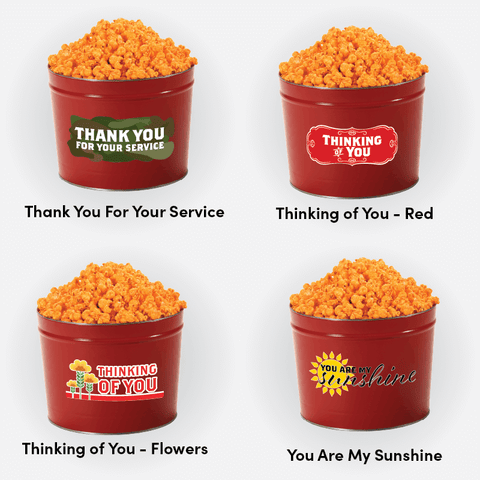 military appreciation, thinking of you, sun and flower themed 2 gallon popcorn tins