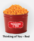 thinking of you 2 gallon popcorn tin with orange cheddar popcorn