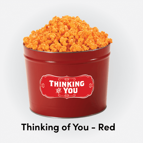 thinking of you 2 gallon popcorn tin with orange cheddar popcorn