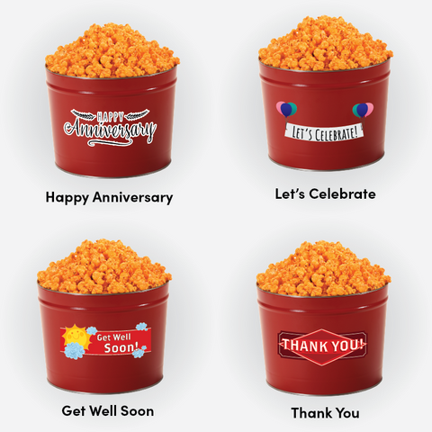 anniversary, celebration, thank you, get well soon, red artisanal popcorn decorative tins